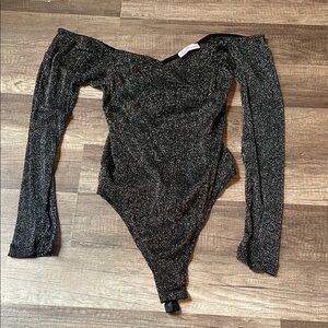 Black Glitter Sheet Off-Shoulder Bodysuit